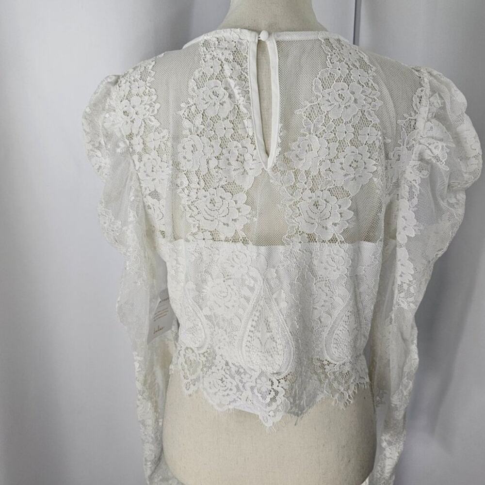Lulus Ivory Lace Puff Sleeve Cropped Blouse Women's Size XL NWT - Picture 8 of 15